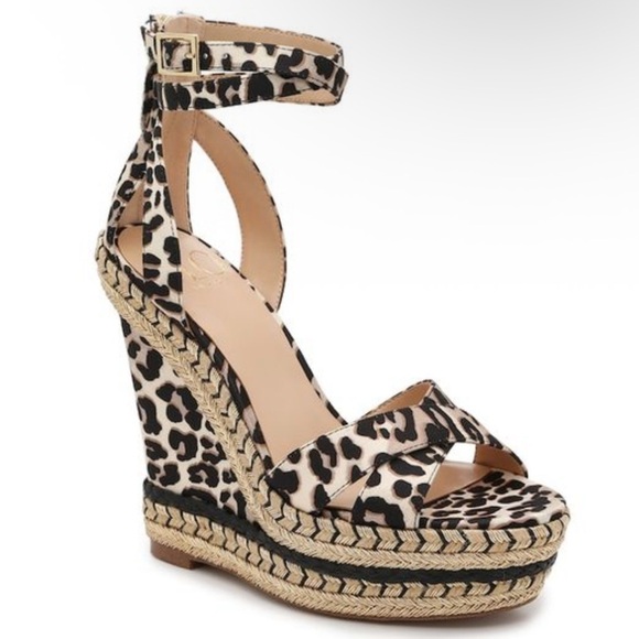 Jennifer Lopez JLo Leopard Print Tan Black Wedge Sandals Ankle Strap Size 7.5 - Picture 1 of 16
